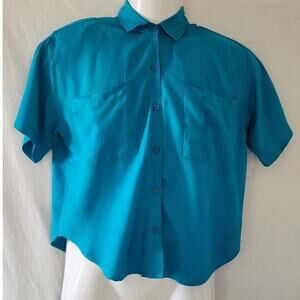 Madd Street Teal Short Sleeved Button down 2 Pocket Vintage 1980s Blouse W Sz Sm